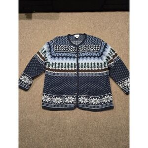 Women's 1X Nordic Fair Isle Cardigan Sweater Trees‎ Snowflake Knit Button Up VTG